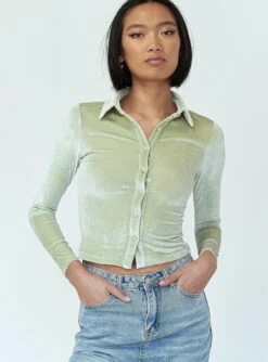 Princess Polly Elody Long Sleeve Top Velvet Green