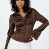 Princess Polly Anni Satin Shirt Chocolate Brown