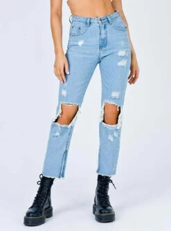Princess Polly Erissa Knee Rip Jeans Light Wash Denim