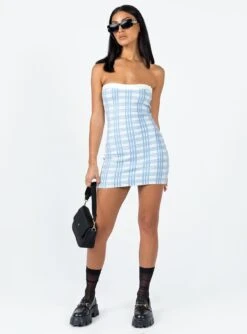 Princess Polly Carano Mini Dress Blue Check -Princess Polly Sales 2 modelinfo christy us2 a0c91326 5a9d 4318 afd4 9662283df851
