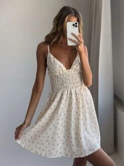 Roza Mini Dress Beige Petite -Princess Polly Sales 2 modelinfo fiona us0 3e1f708d f00e 403d 8104 63d3528e8085