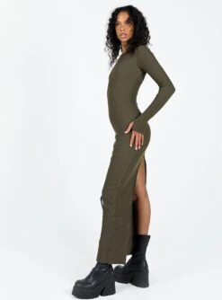Princess Polly Karim Ribbed Knit Maxi Dress Khaki -Princess Polly Sales 3 modelinfo Kristen us2 c30a7dbe ccac 432d 9960 4205943d5621