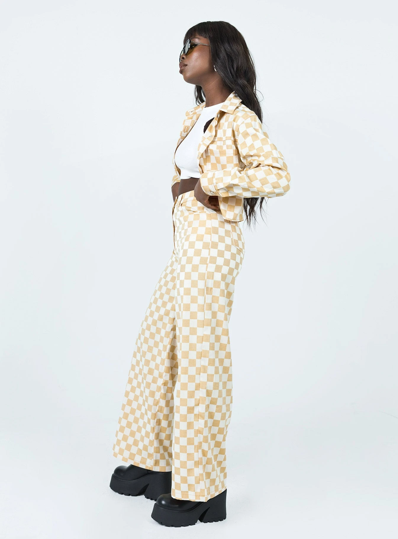 Princess Polly In Check Denim Jeans Beige 4 Princess Polly In Check Denim Jeans Beige - Image 4