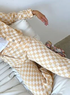 Princess Polly In Check Denim Jeans Beige