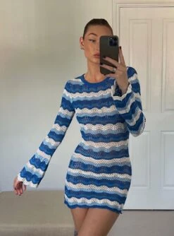 Princess Polly Leah Knit Mini Dress Blue / White